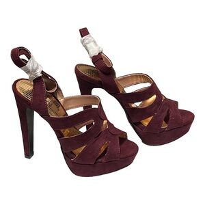 Qupid Reflective Platform High Heel Sandals Burgundy Faux Suede Open Toe Cutout